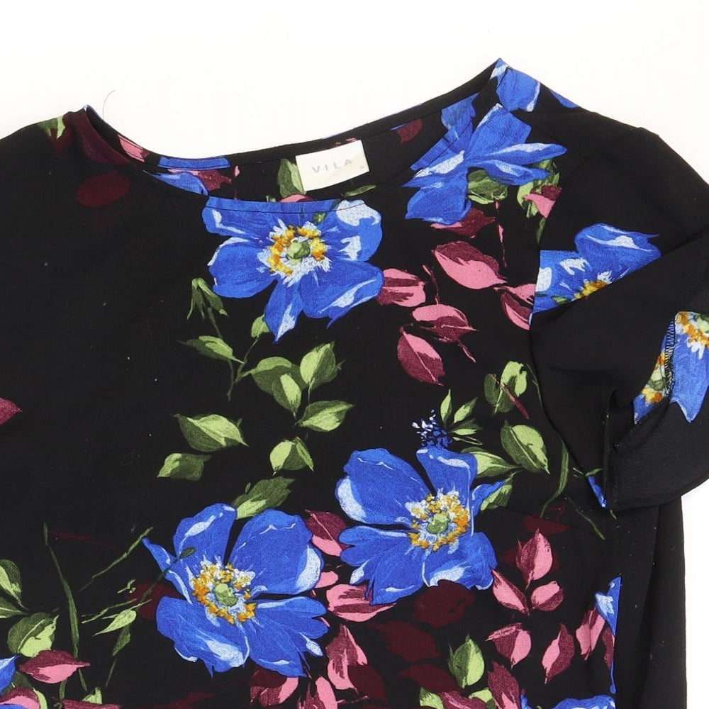 VILA Womens Black Floral Polyester Basic T-Shirt Size 36 Round Neck