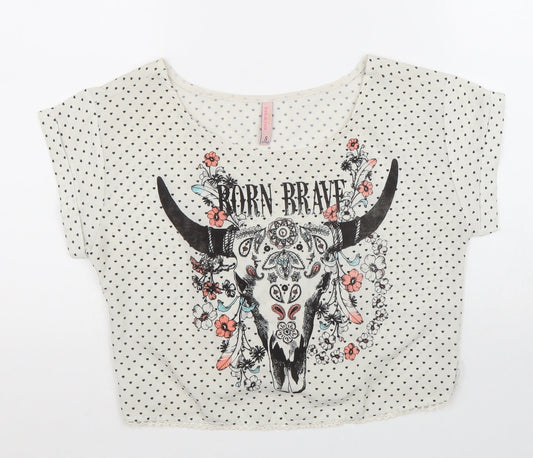 Bershka Girls White Polka Dot Polyester Cropped T-Shirt Size S Round Neck Pullover