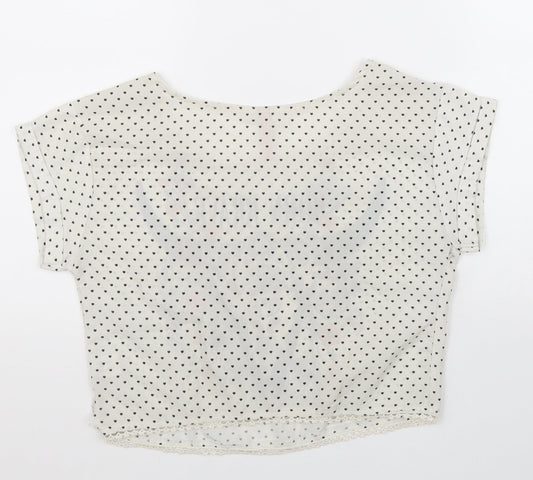 Bershka Girls White Polka Dot Polyester Cropped T-Shirt Size S Round Neck Pullover