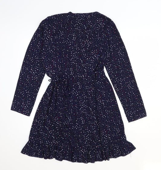Jubylee Womens Blue Geometric Viscose Fit & Flare Size M V-Neck Tie