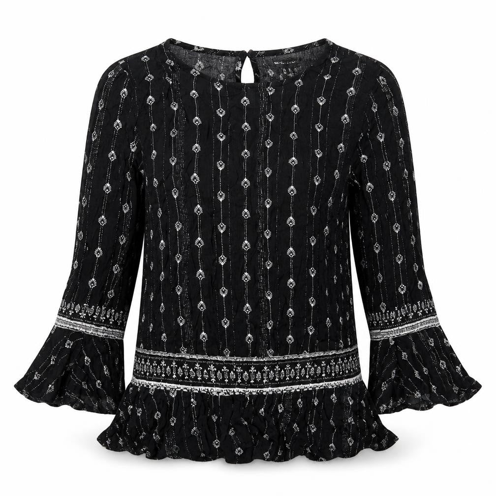 New Look Womens Black Geometric Polyester Basic Blouse Size 8 Round Neck