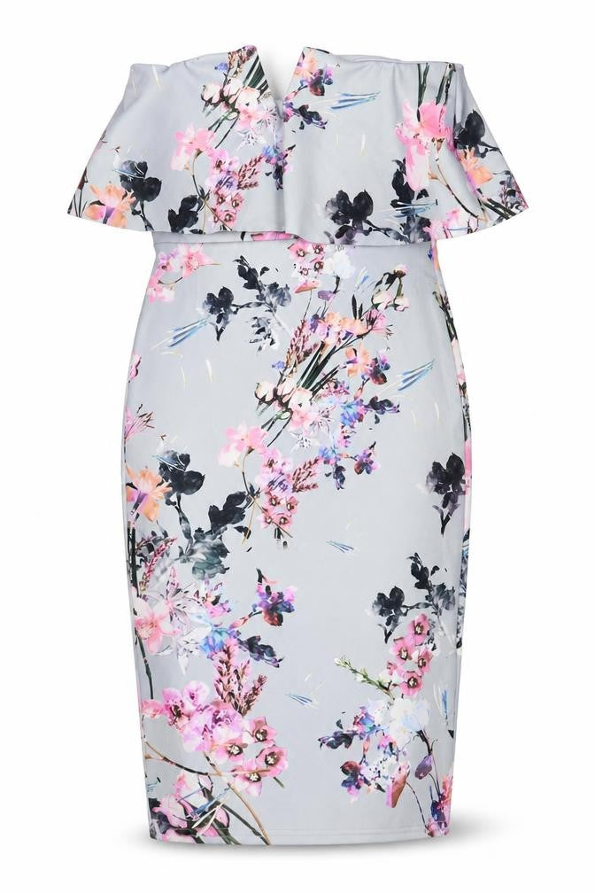 PRETTYLITTLETHING Womens Grey Floral Polyester Pencil Dress Size 10 Off the Shoulder Pullover