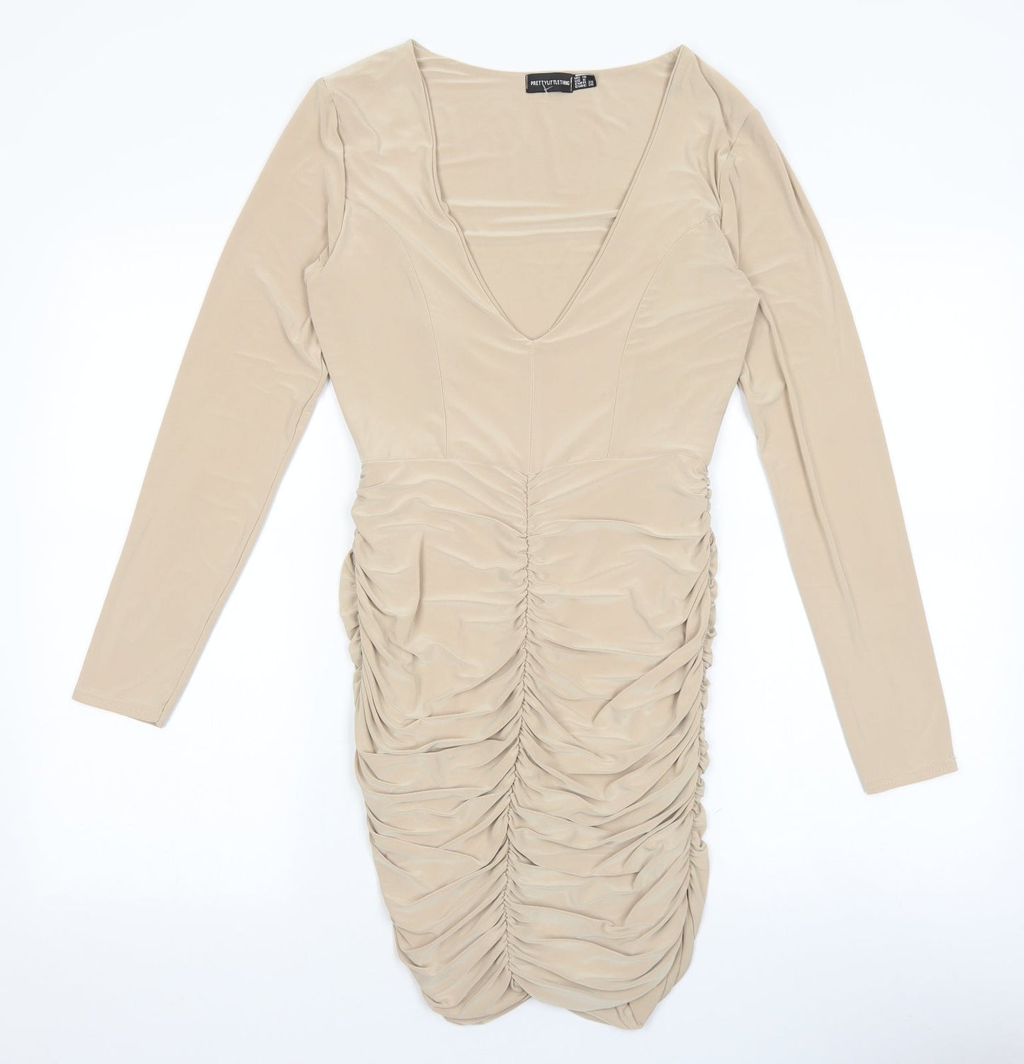 PRETTYLITTLETHING Womens Beige Polyester Bodycon Size 10 V-Neck Pullover