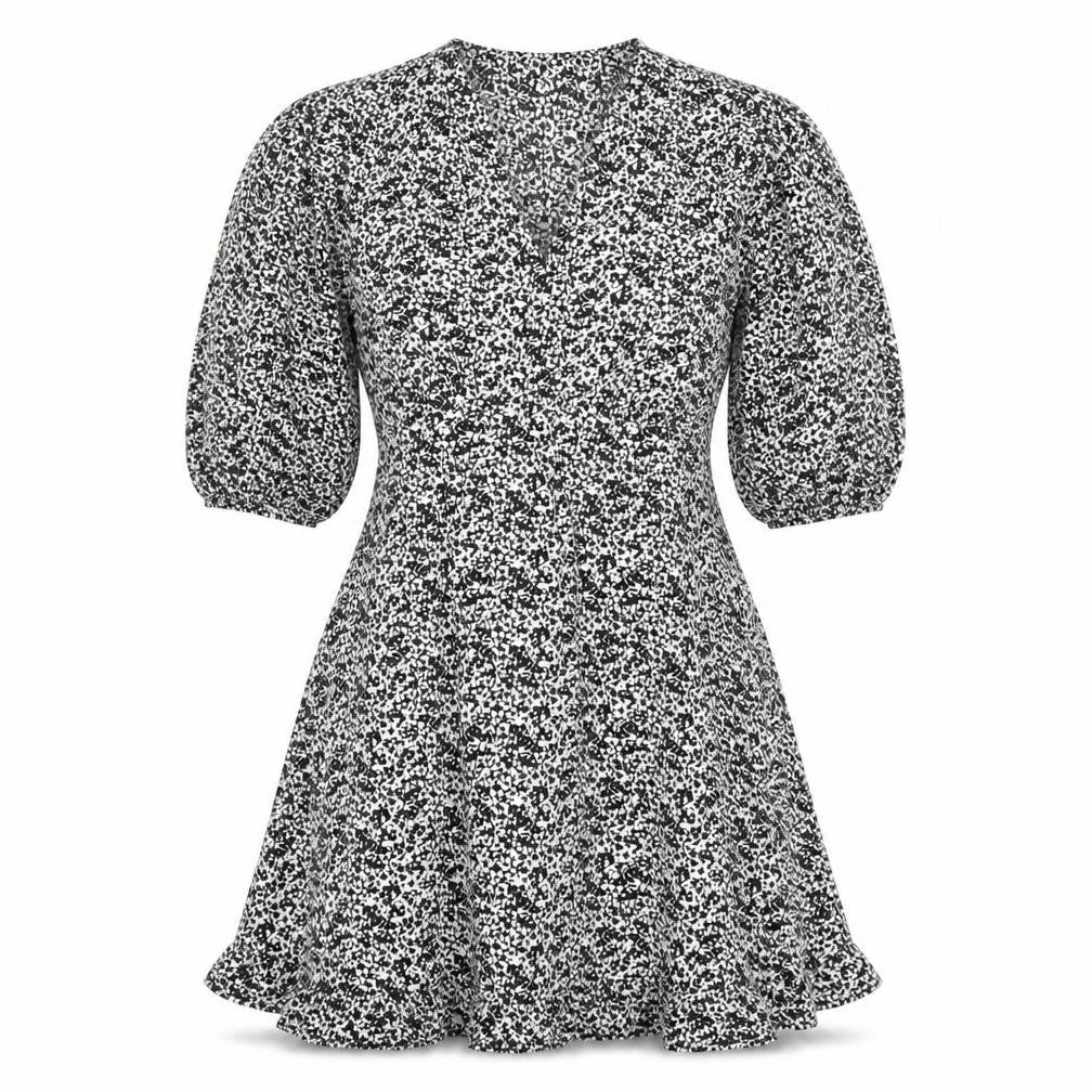 New Look Womens Black Floral Polyester Skater Dress Size 8 V-Neck Zip
