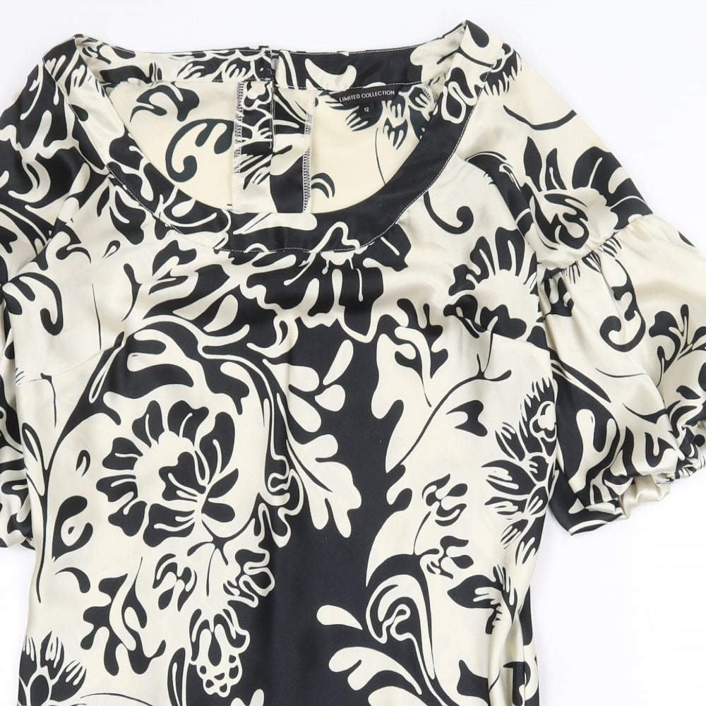 Marks and Spencer Womens Black Floral Polyester Shift Size 12 Boat Neck Button
