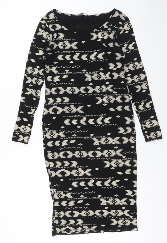 High Rose Womens Black Geometric Viscose Bodycon Size S Boat Neck Pullover