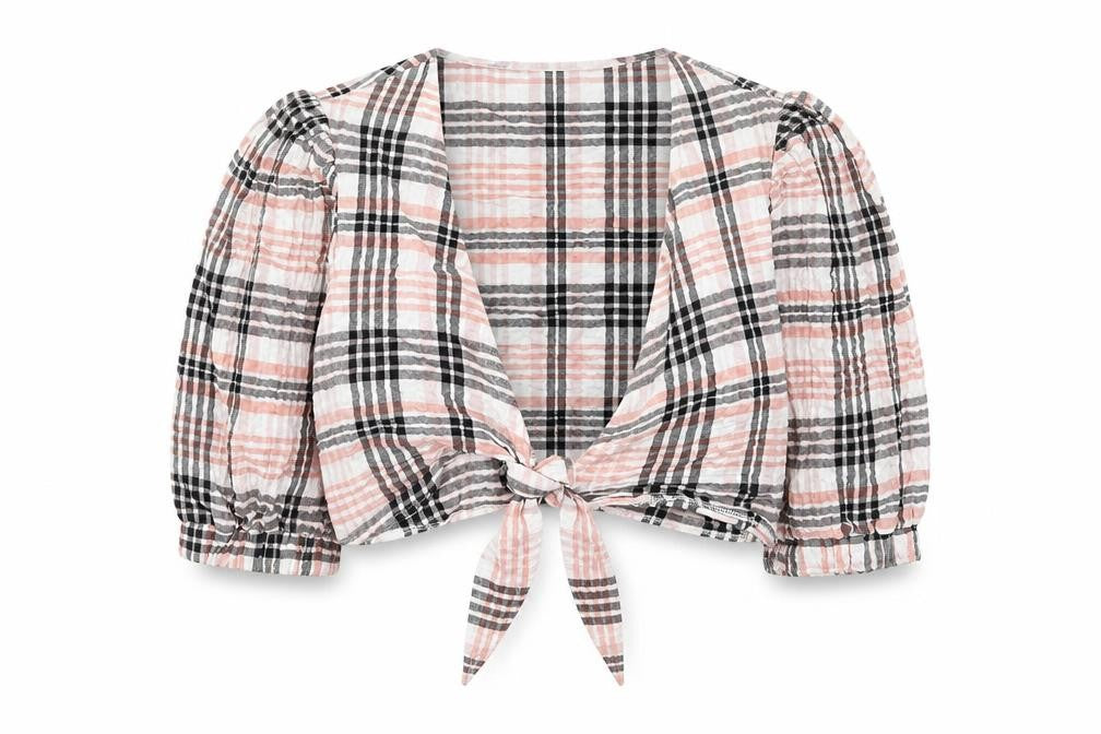 Urban Outfitters Womens Pink Plaid Cotton Cropped Blouse Size S V-Neck