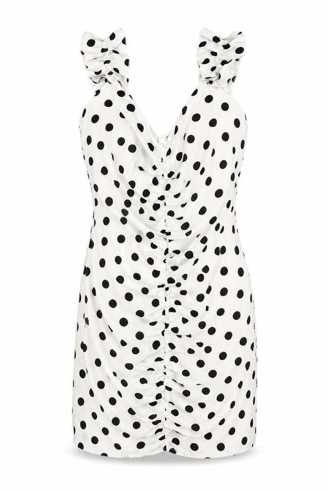Preworn Womens White Polka Dot Polyester Bodycon Size S V-Neck Zip