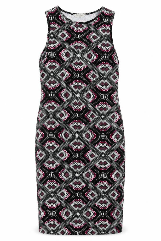 Miss Selfridge Womens Black Geometric Viscose Tank Dress Size 10 Boat Neck Pullover