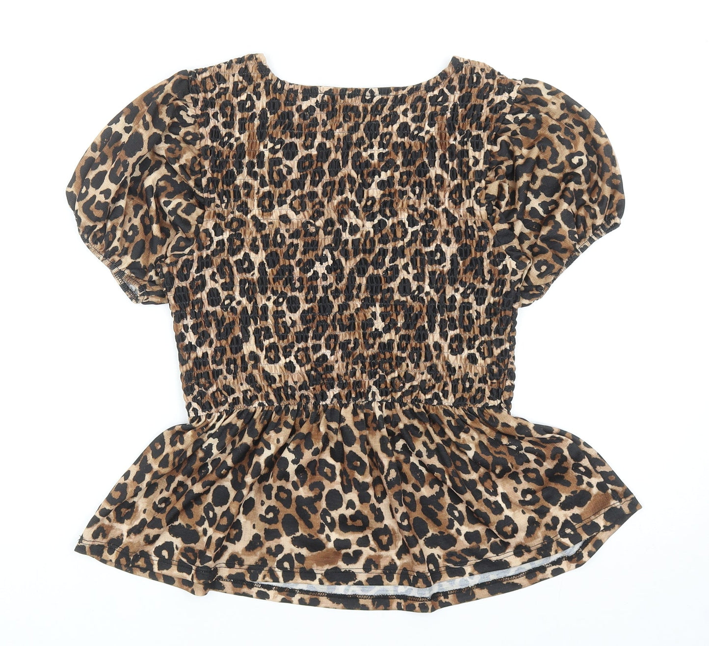 Zara Womens Brown Animal Print Polyester Basic Blouse Size S Round Neck