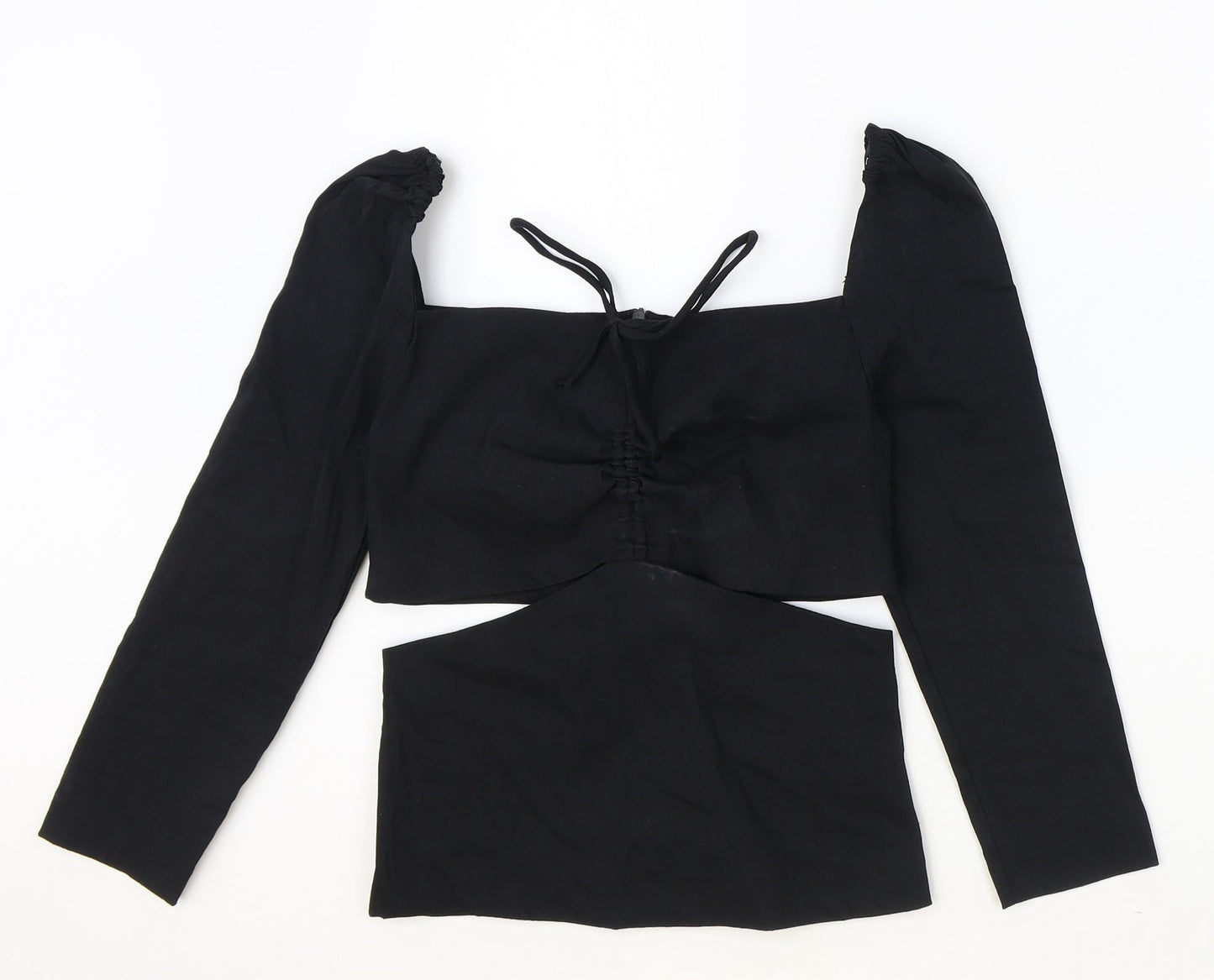 Zara Womens Black Linen Basic Blouse Size XS Square Neck - Cut Out Detail, Ruched