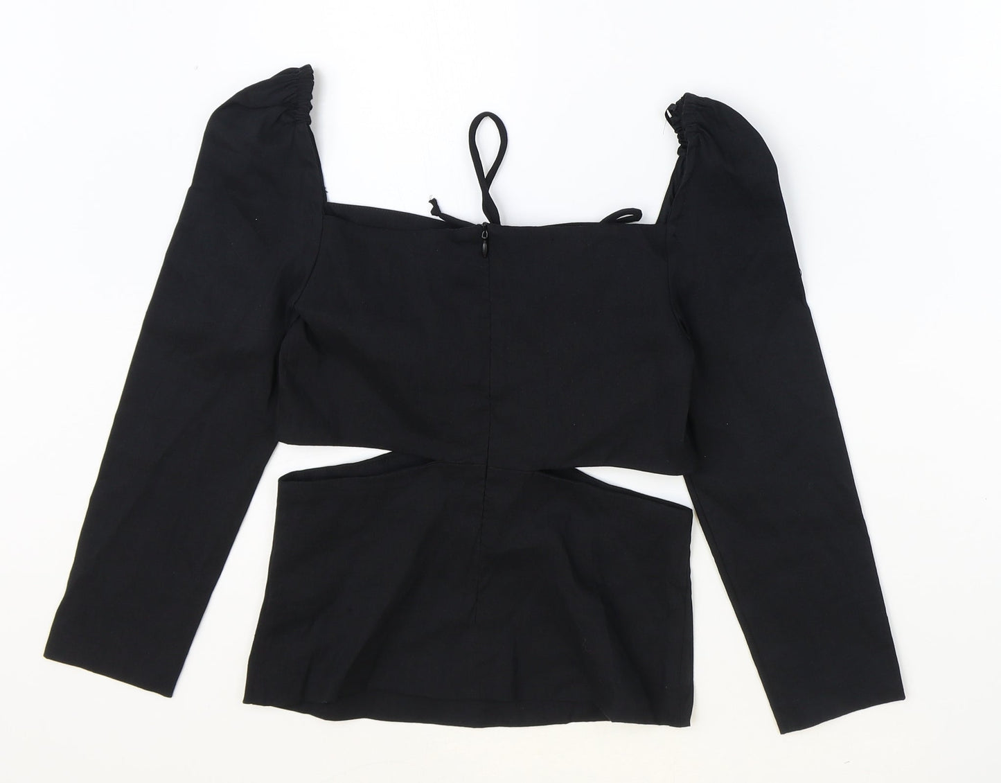 Zara Womens Black Linen Basic Blouse Size XS Square Neck - Cut Out Detail, Ruched