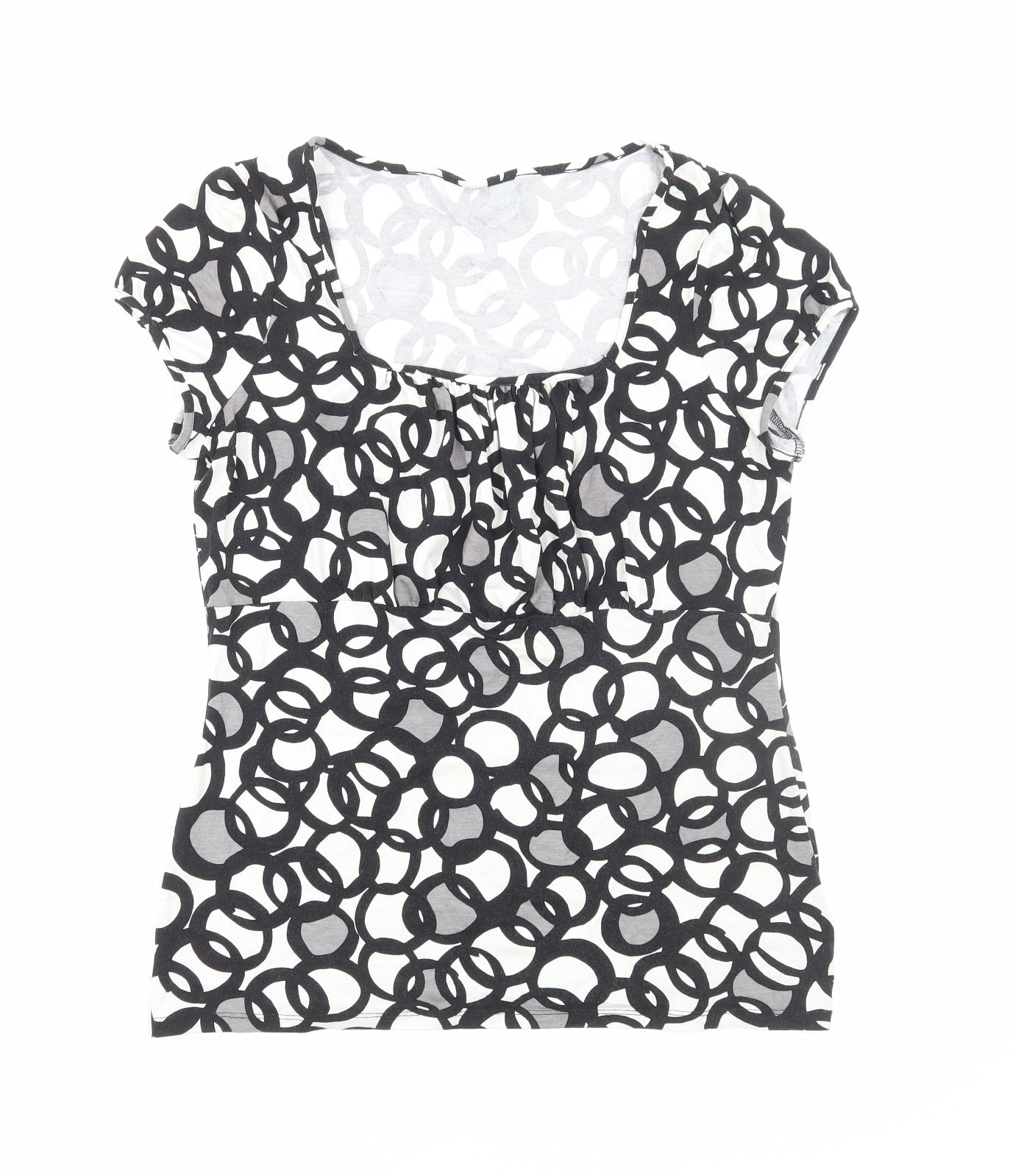 Preworn Womens Black Geometric Viscose Basic T-Shirt Size M Scoop Neck