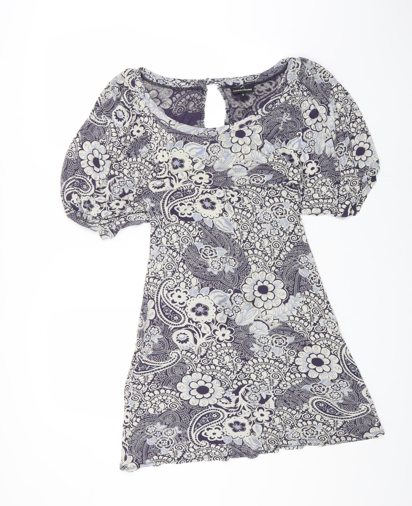 Warehouse Womens Blue Floral Cotton Shift Size 12 Boat Neck Pullover