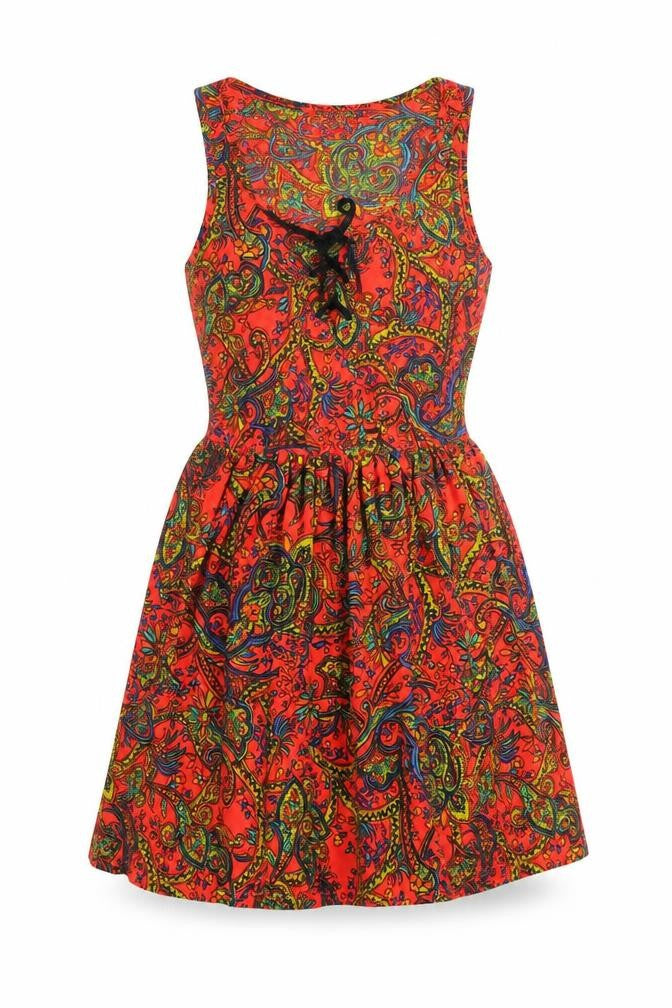 Topshop Womens Orange Paisley Polyester Fit & Flare Size 8 Scoop Neck Tie