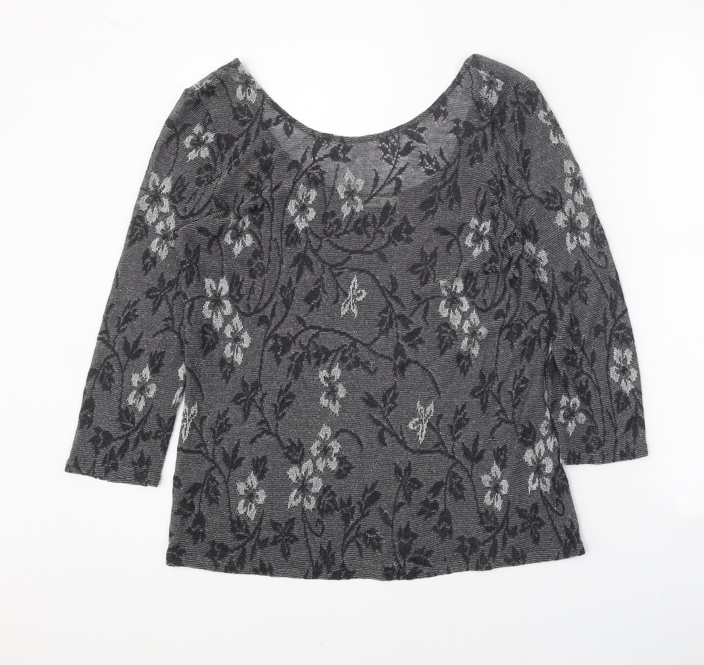 Oasis Womens Grey Floral Acrylic Basic T-Shirt Size M Round Neck