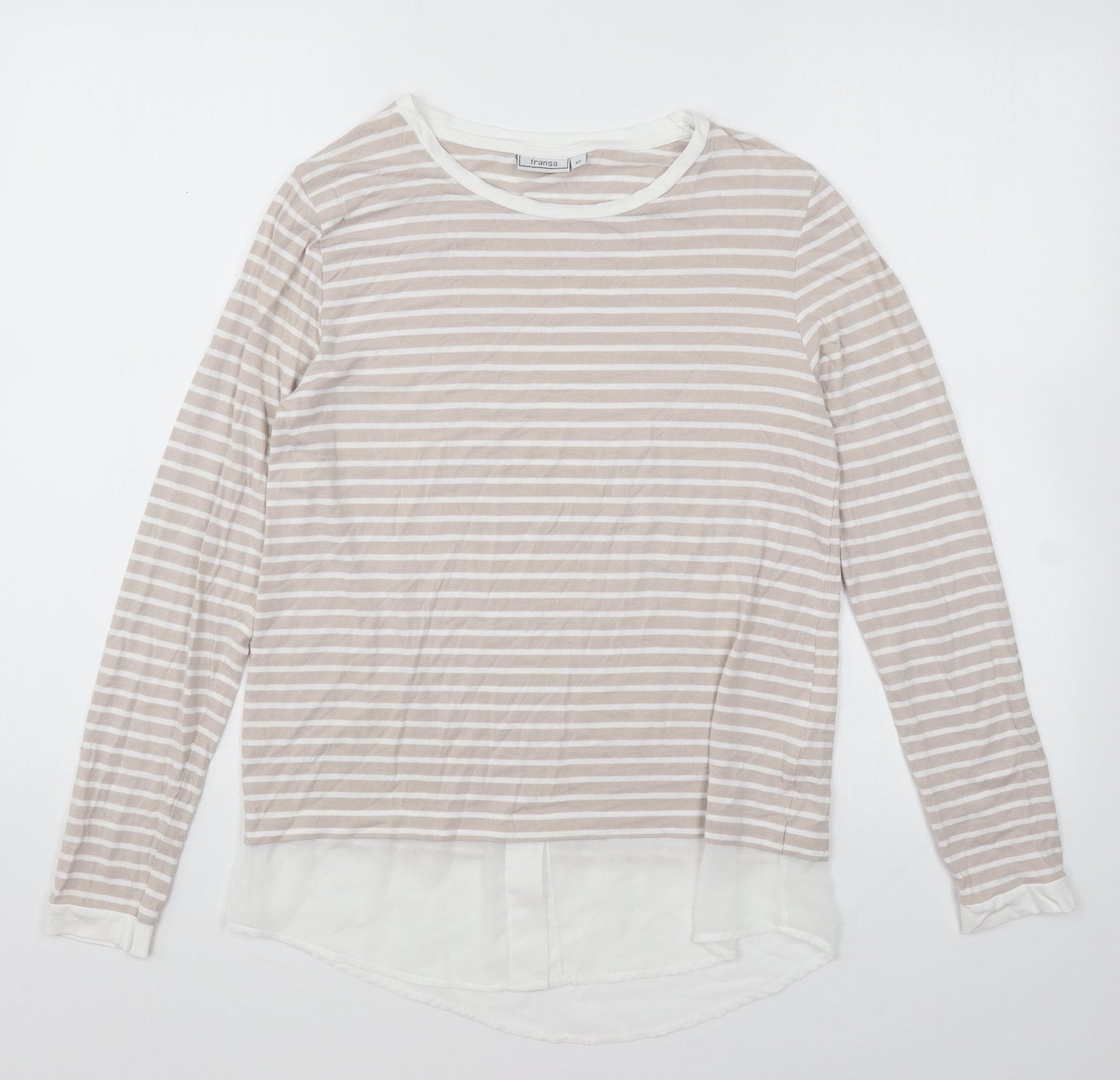Fransa Womens Beige Striped Viscose Basic T-Shirt Size XS Round Neck