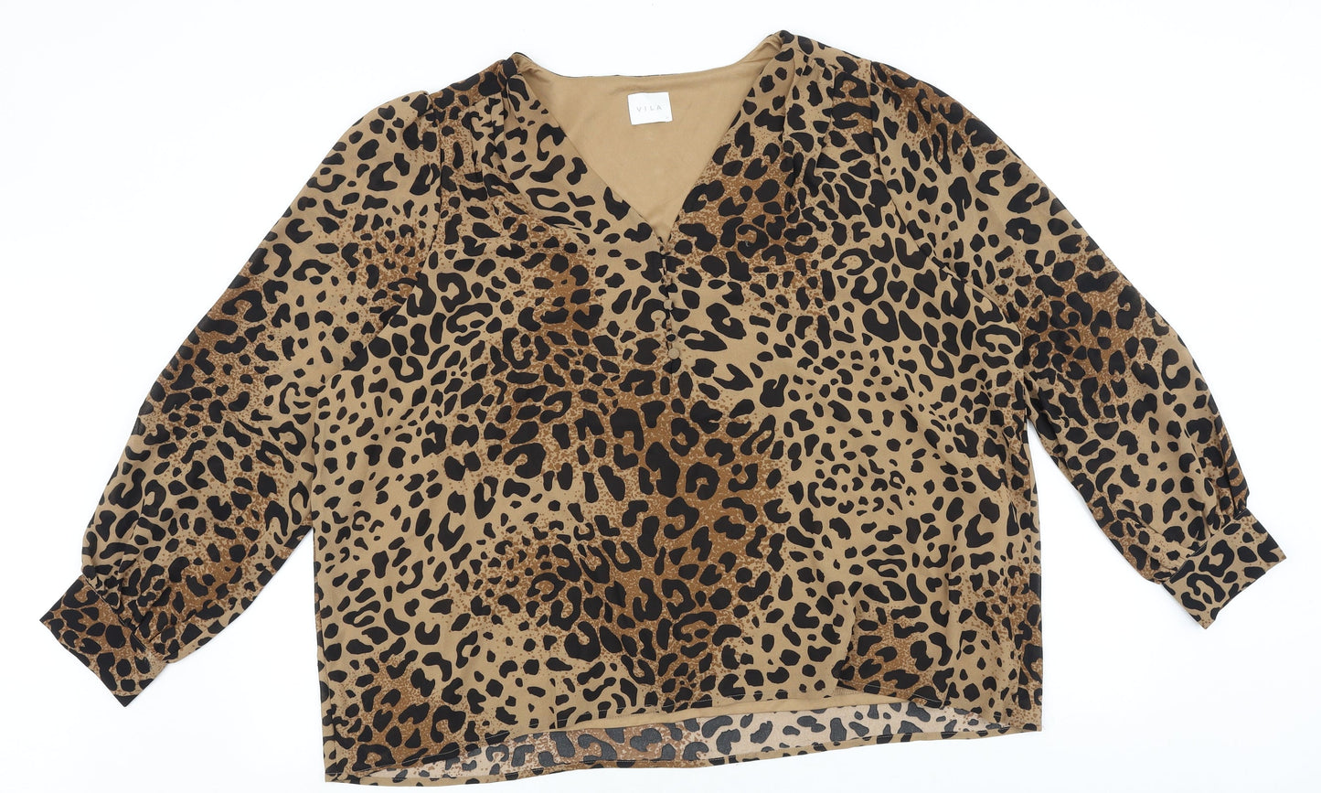 VILA Womens Brown Animal Print Polyester Basic T-Shirt Size 14 V-Neck - Leopard Print