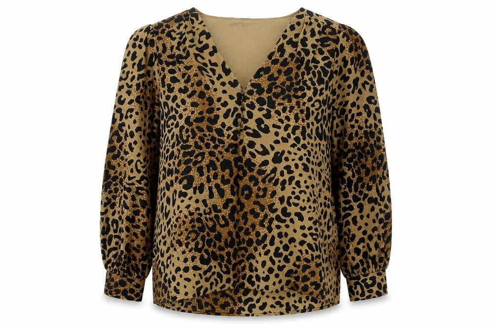 VILA Womens Brown Animal Print Polyester Basic T-Shirt Size 14 V-Neck - Leopard Print