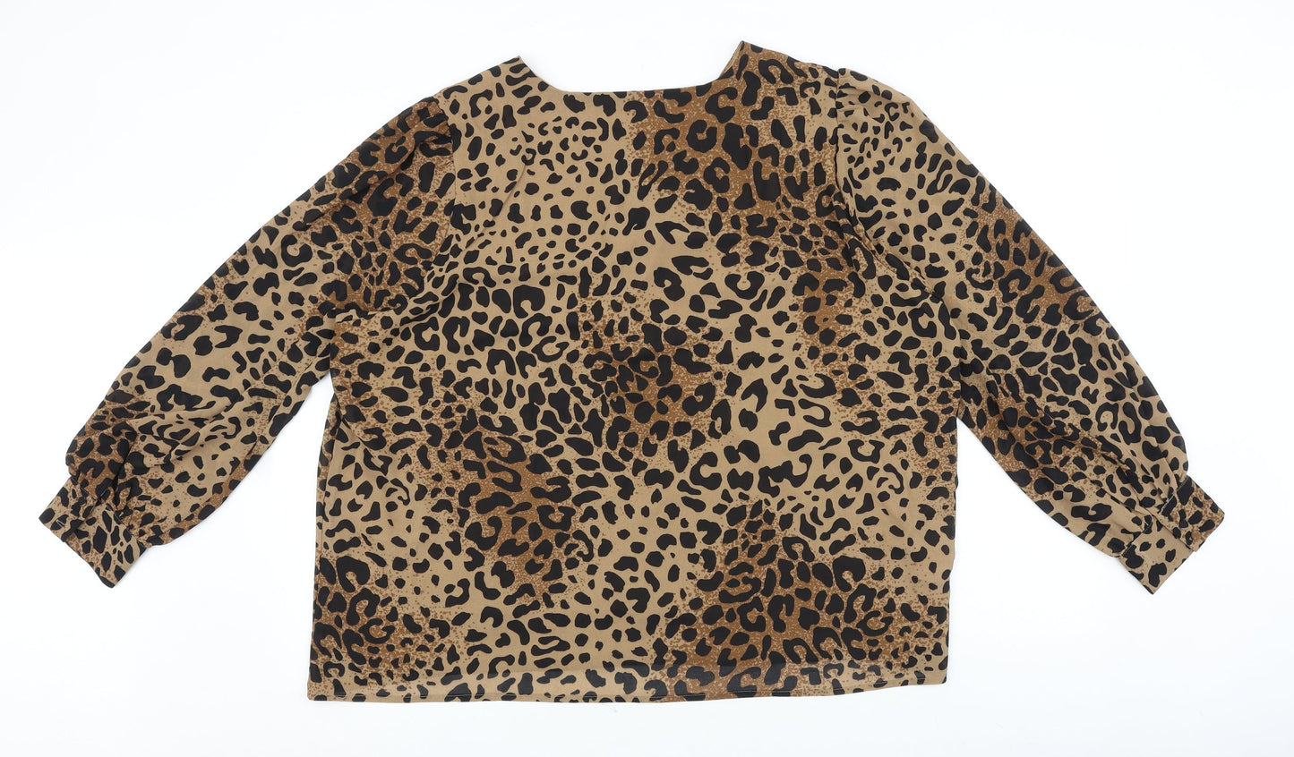 VILA Womens Brown Animal Print Polyester Basic T-Shirt Size 14 V-Neck - Leopard Print