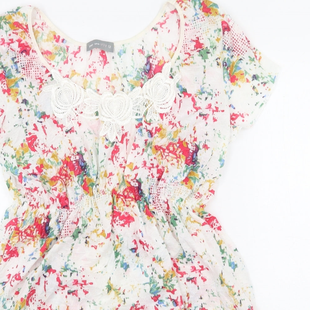 Per Una Womens Multicoloured Geometric Polyester Basic Blouse Size 12 Scoop Neck - Flower Detail