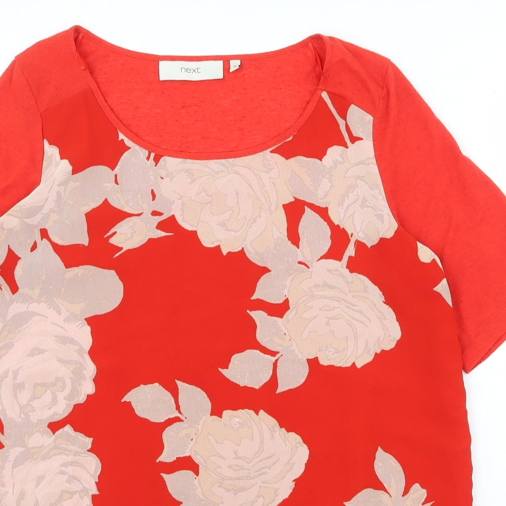 NEXT Womens Red Floral Polyester Basic T-Shirt Size 14 Scoop Neck