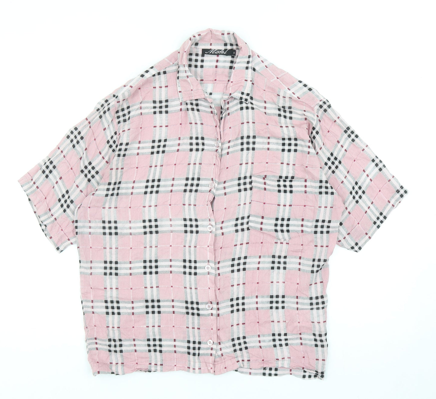 Motel Womens Pink Geometric Viscose Basic Button-Up Size S V-Neck