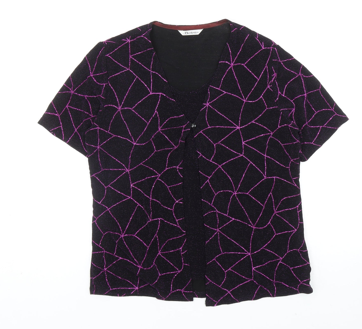 Berkertex Womens Black Geometric Nylon Basic T-Shirt Size 16 V-Neck