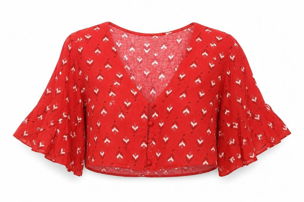 Miss Selfridge Womens Red Geometric Viscose Cropped Button-Up Size 6 V-Neck