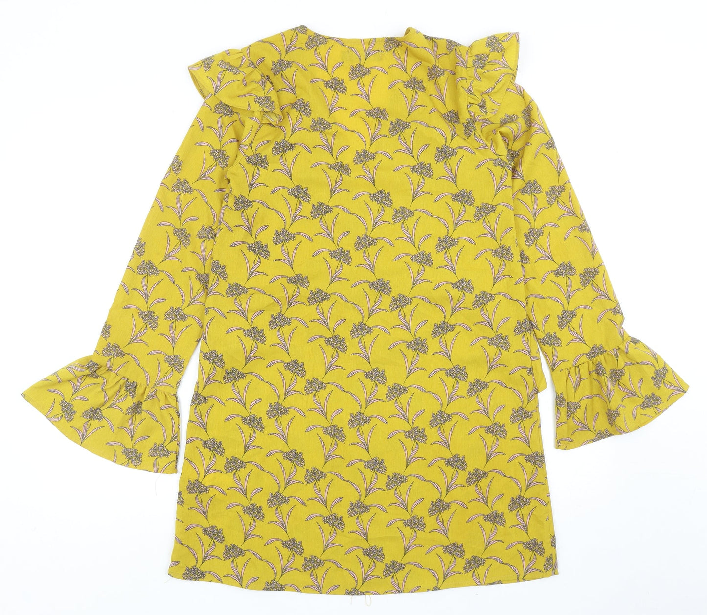 PRETTYLITTLETHING Womens Yellow Floral Polyester Mini Size 6 V-Neck Pullover