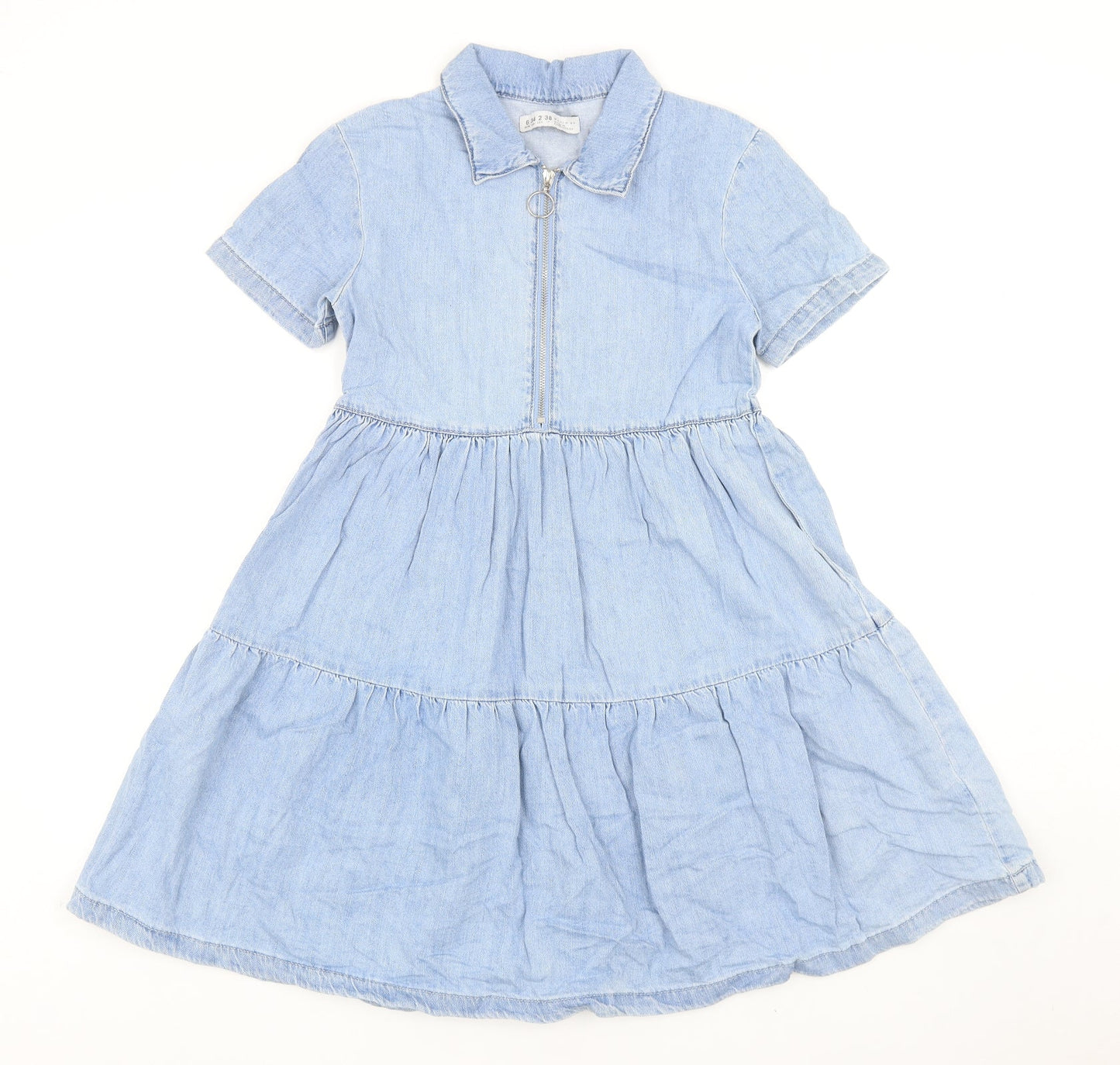 Denim & Co. Womens Blue Cotton Fit & Flare Size 6 Collared Zip - Tiered