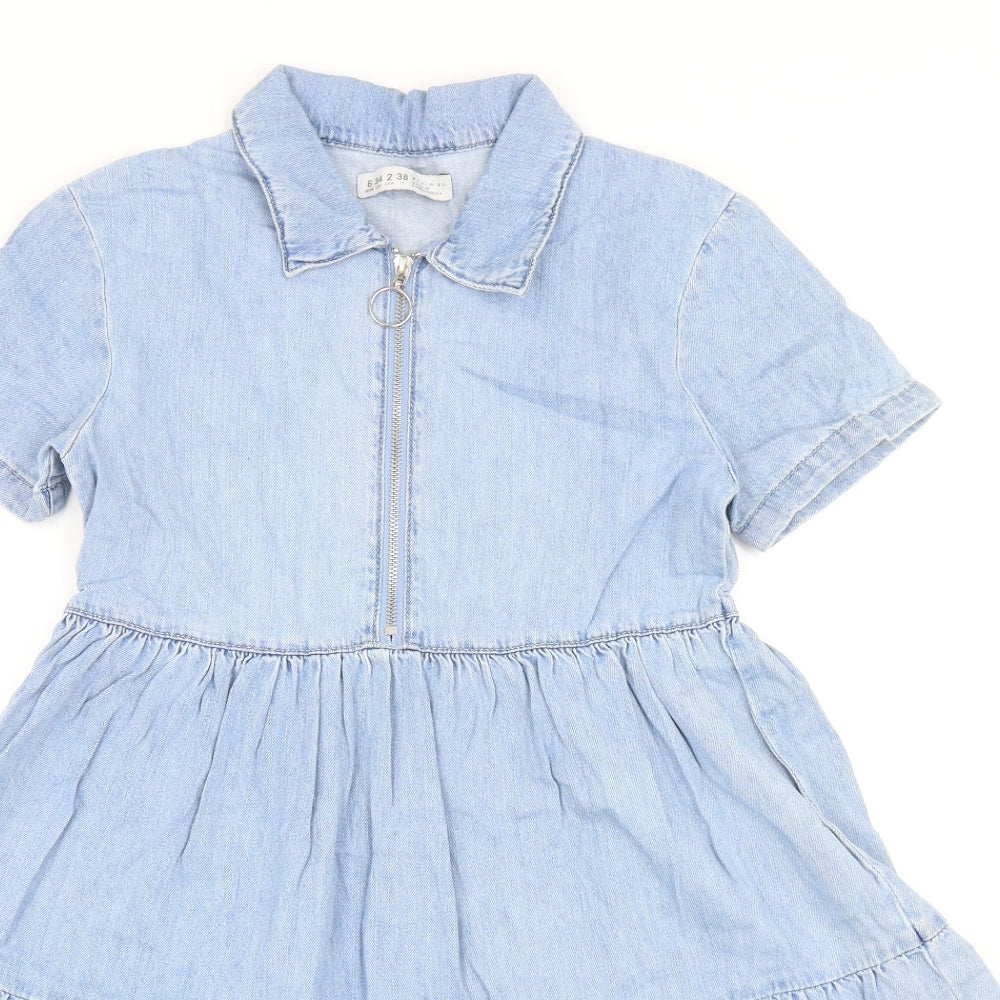Denim & Co. Womens Blue Cotton Fit & Flare Size 6 Collared Zip - Tiered