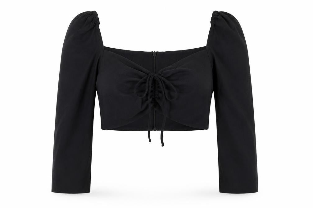 Zara Womens Black Linen Cropped Blouse Size S V-Neck - Cut Out Side Detail