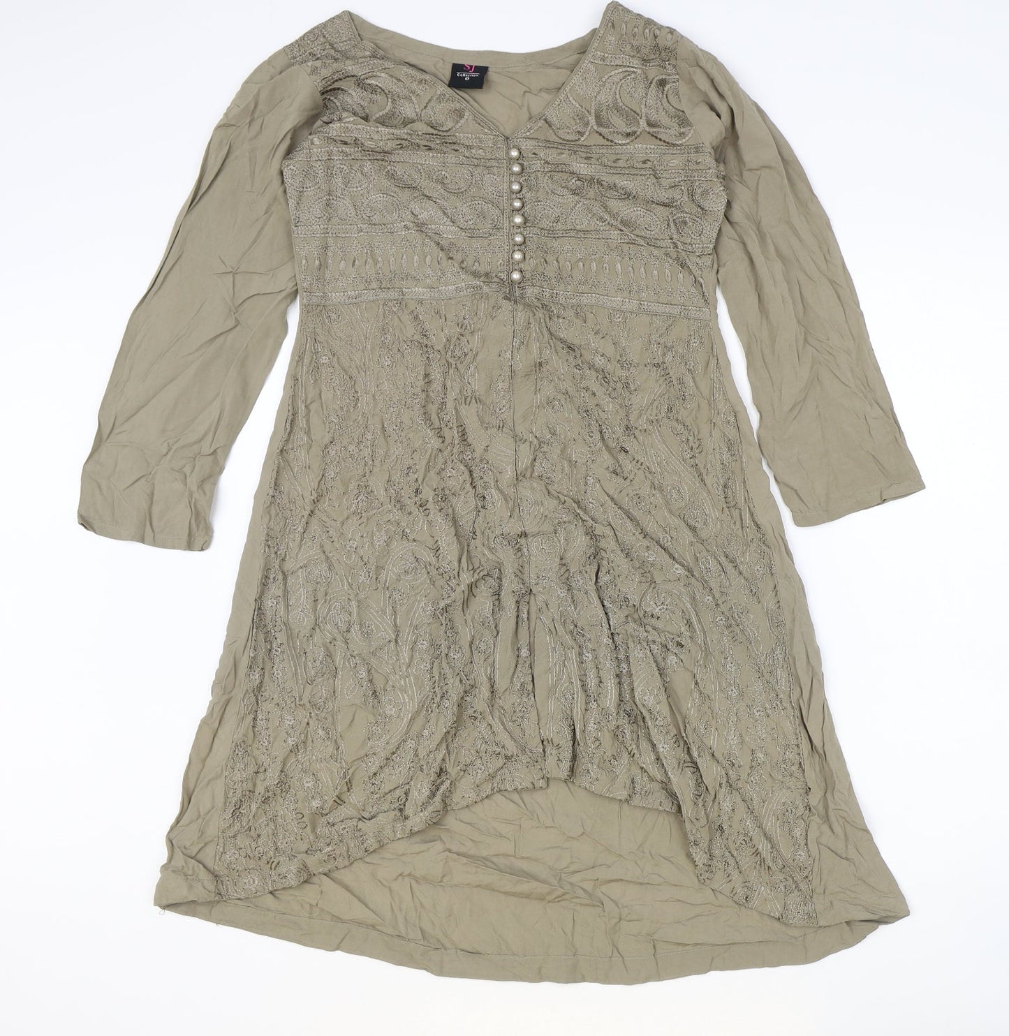 SJ collection Womens Brown Polyester A-Line Size S V-Neck
