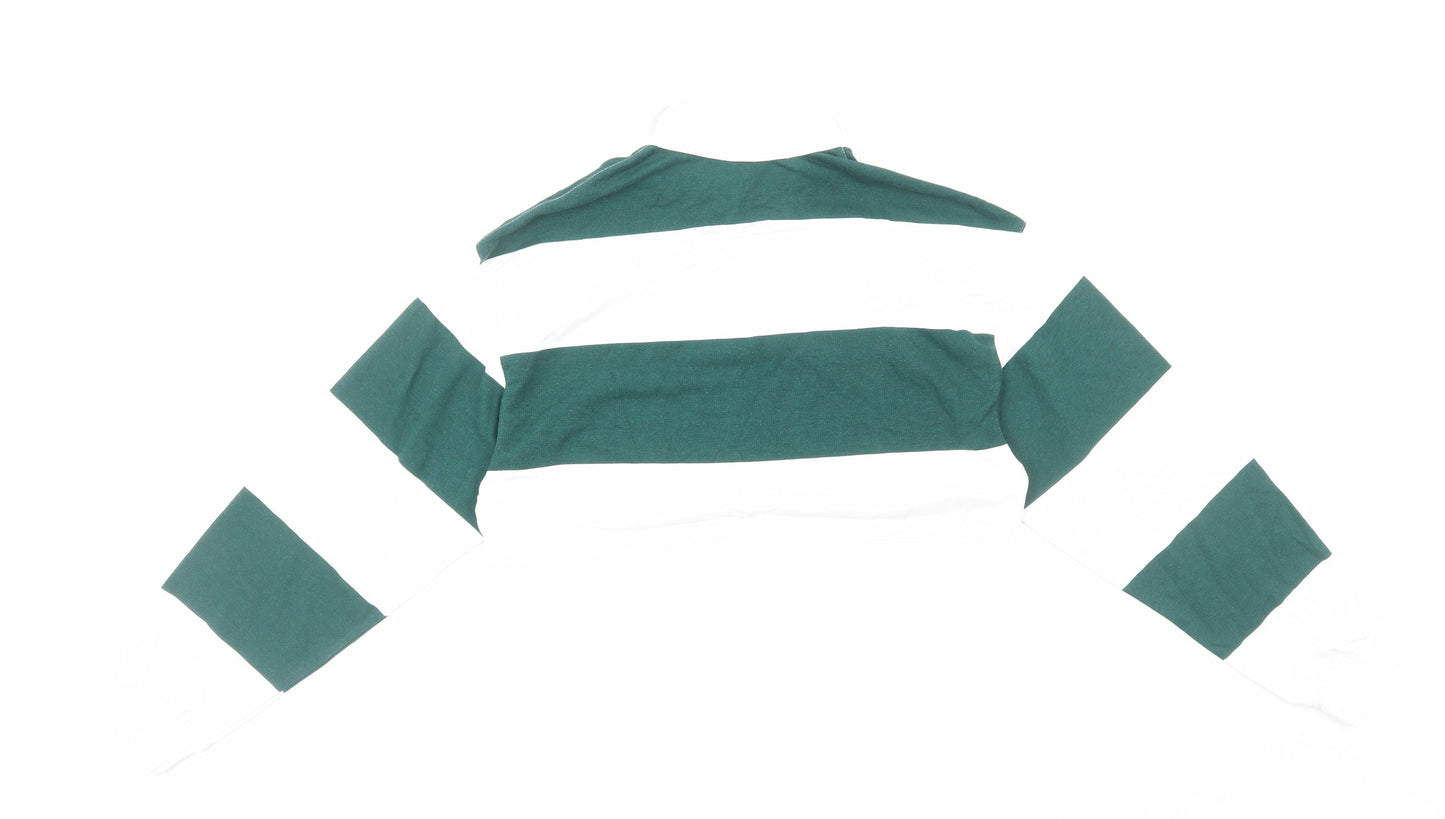 H&M Womens Green Striped Cotton Cropped Polo Size M Collared