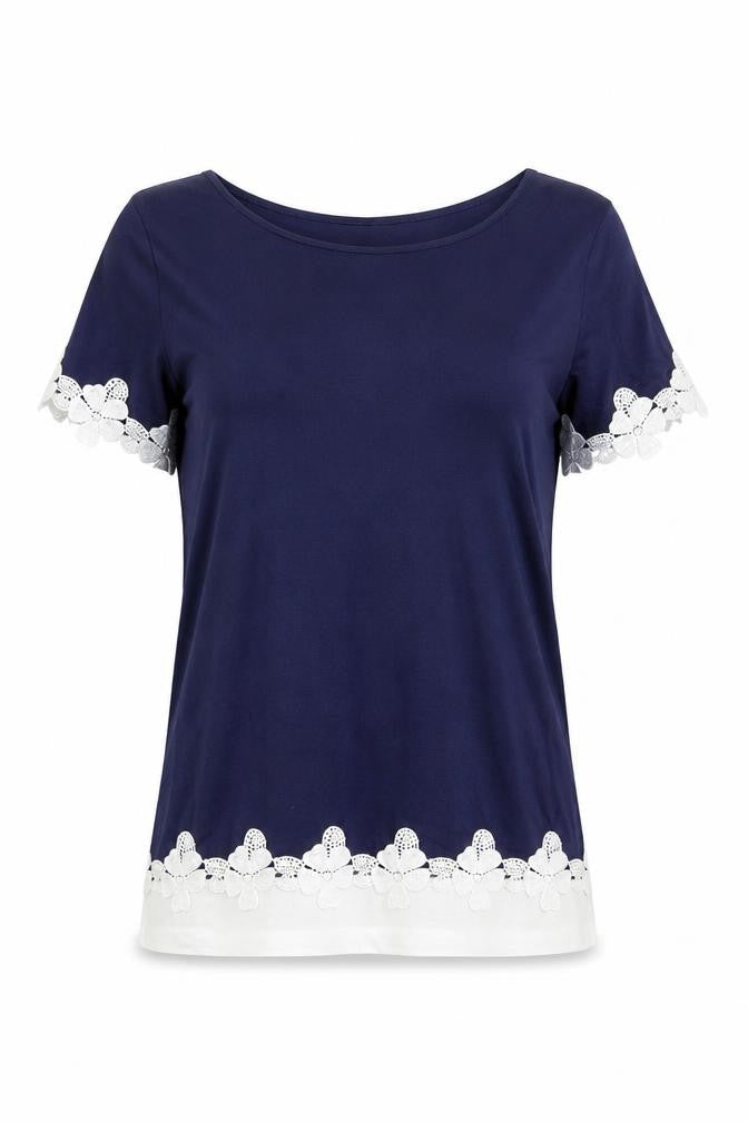 Dorothy Perkins Womens Blue Viscose Basic T-Shirt Size 12 Boat Neck - Crochet Trim