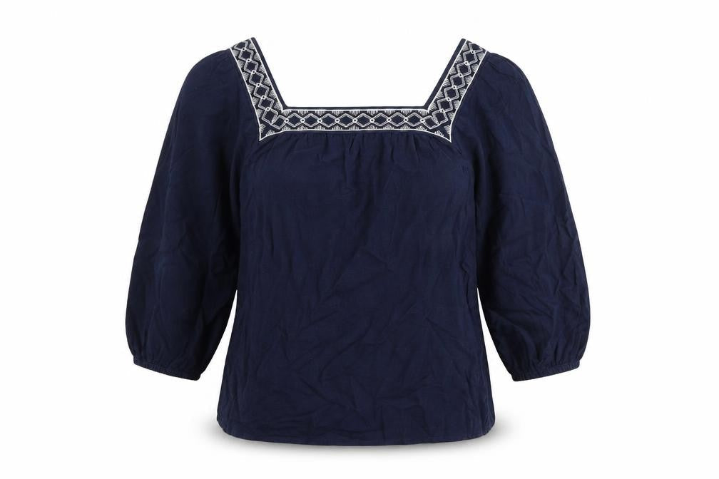 Marks and Spencer Womens Blue Geometric Flax Basic T-Shirt Size 6 Square Neck