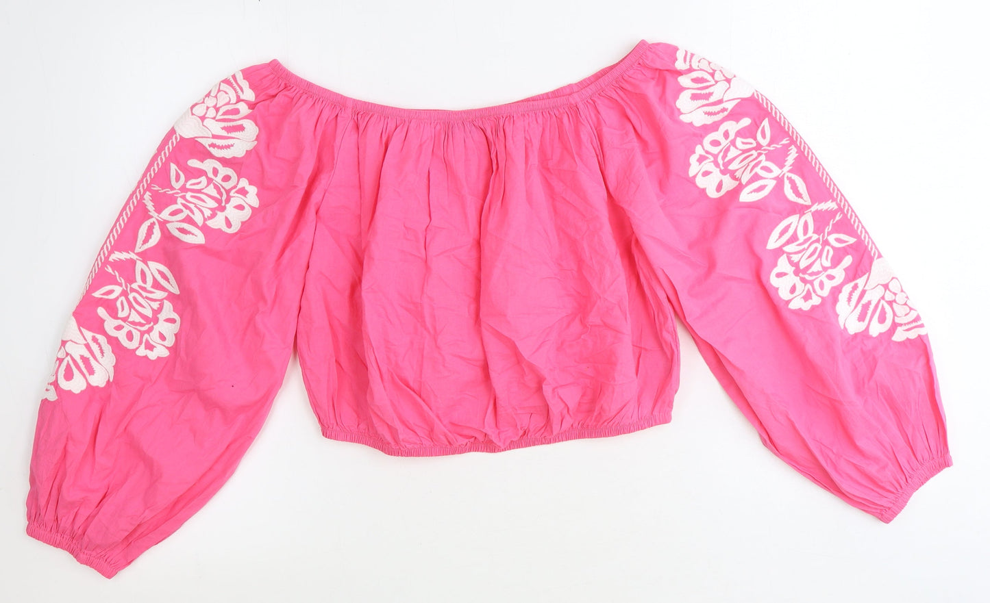 Marks and Spencer Womens Pink 100% Cotton Cropped Blouse Size 16 Boat Neck - Floral Detail