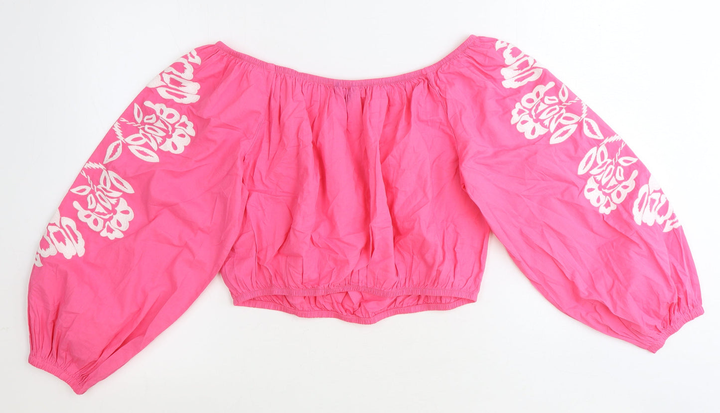 Marks and Spencer Womens Pink 100% Cotton Cropped Blouse Size 16 Boat Neck - Floral Detail