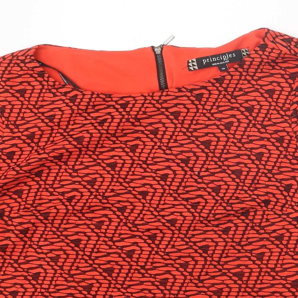 Principles Womens Red Geometric Viscose Basic T-Shirt Size 12 Round Neck