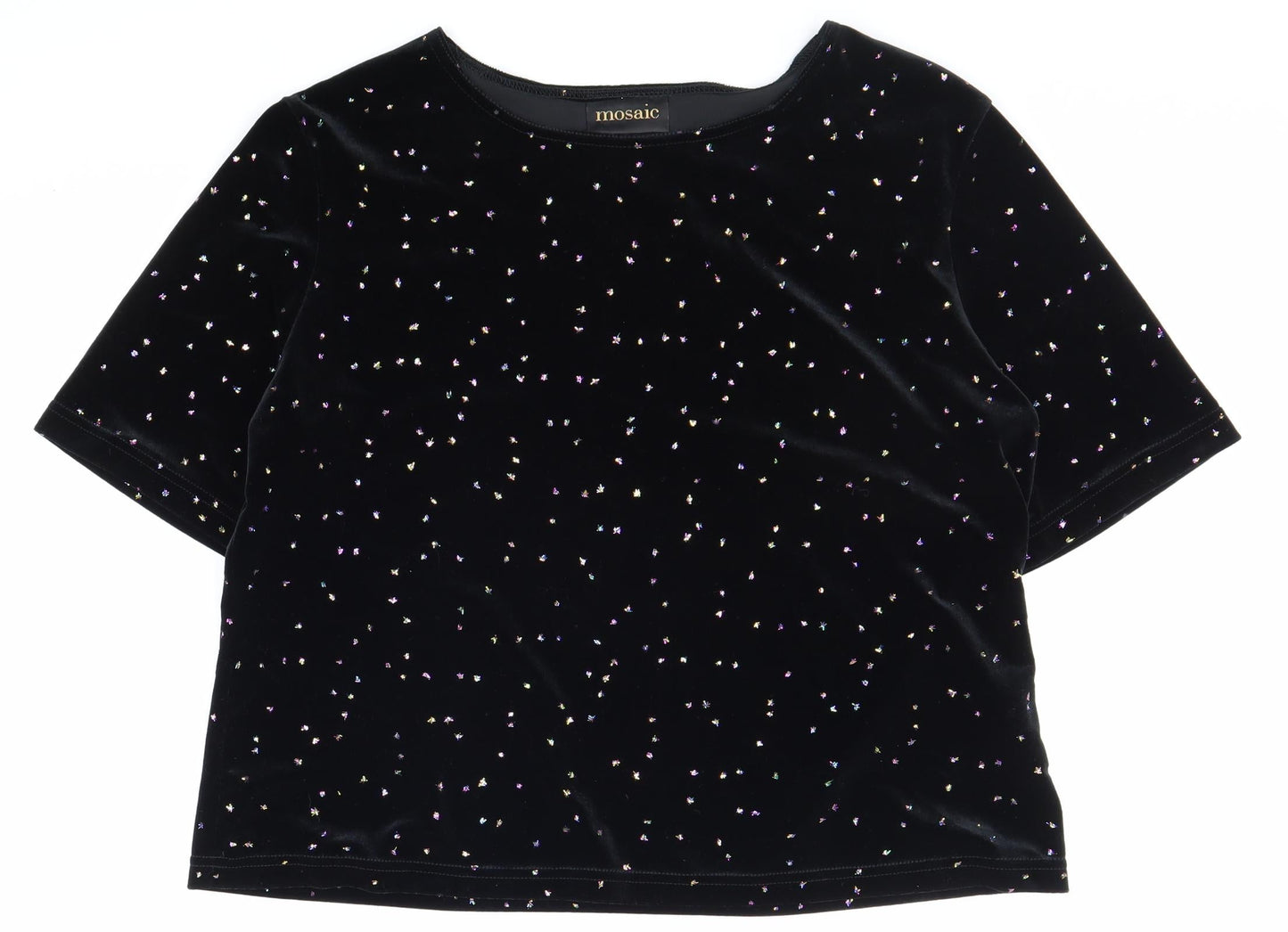 Mosaic Womens Black Geometric Polyester Basic T-Shirt Size L Boat Neck - Box Fit