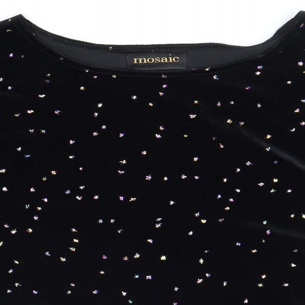 Mosaic Womens Black Geometric Polyester Basic T-Shirt Size L Boat Neck - Box Fit