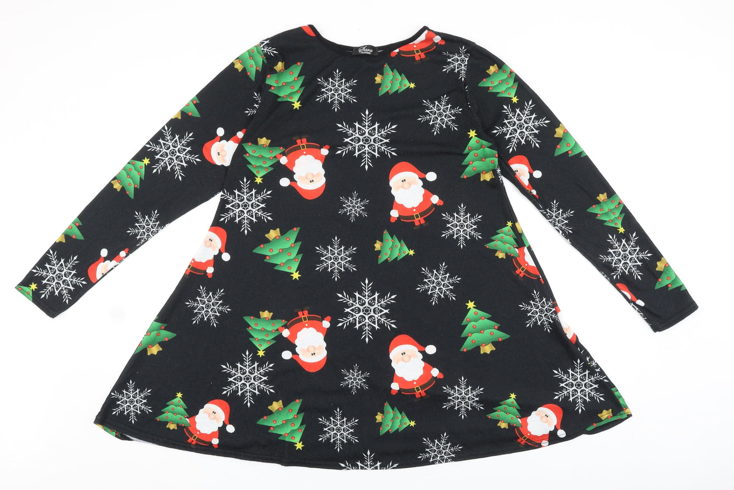 Sara Fashion Womens Black Geometric Polyester Trapeze & Swing Size M Boat Neck Pullover - Christmas Santa