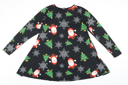 Sara Fashion Womens Black Geometric Polyester Trapeze & Swing Size M Boat Neck Pullover - Christmas Santa