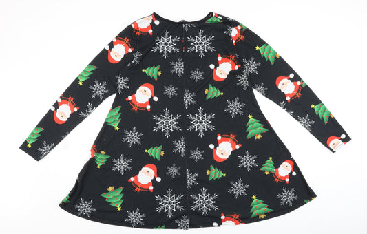 Sara Fashion Womens Black Geometric Polyester Trapeze & Swing Size M Boat Neck Pullover - Christmas Santa