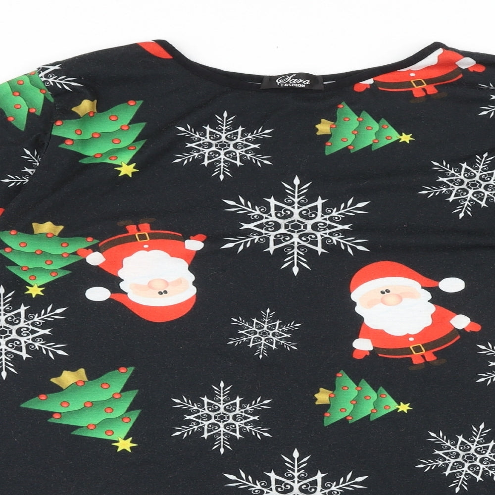 Sara Fashion Womens Black Geometric Polyester Trapeze & Swing Size M Boat Neck Pullover - Christmas Santa