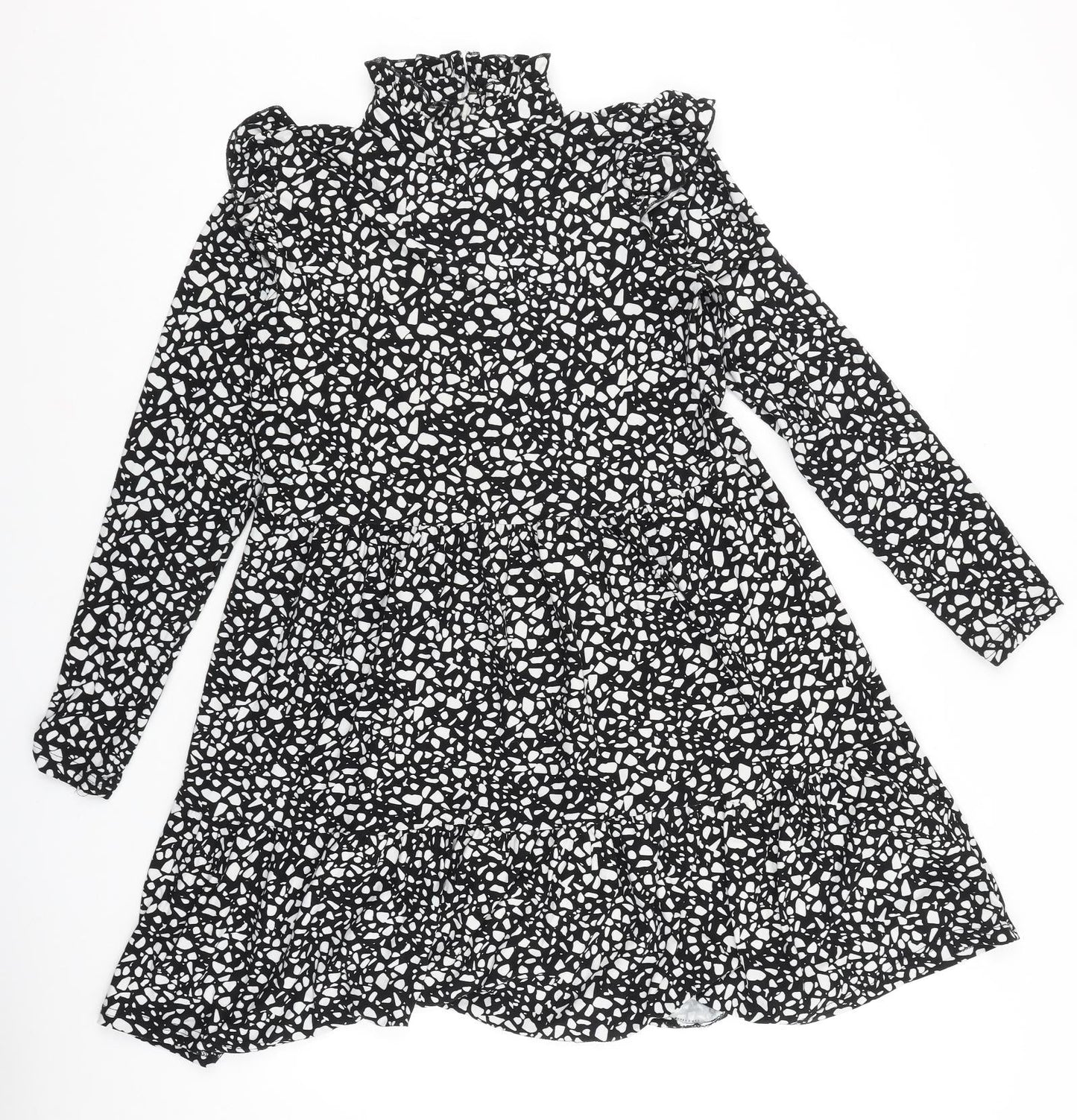 Preworn Womens Black Geometric Polyester A-Line Size 10 Mock Neck Button
