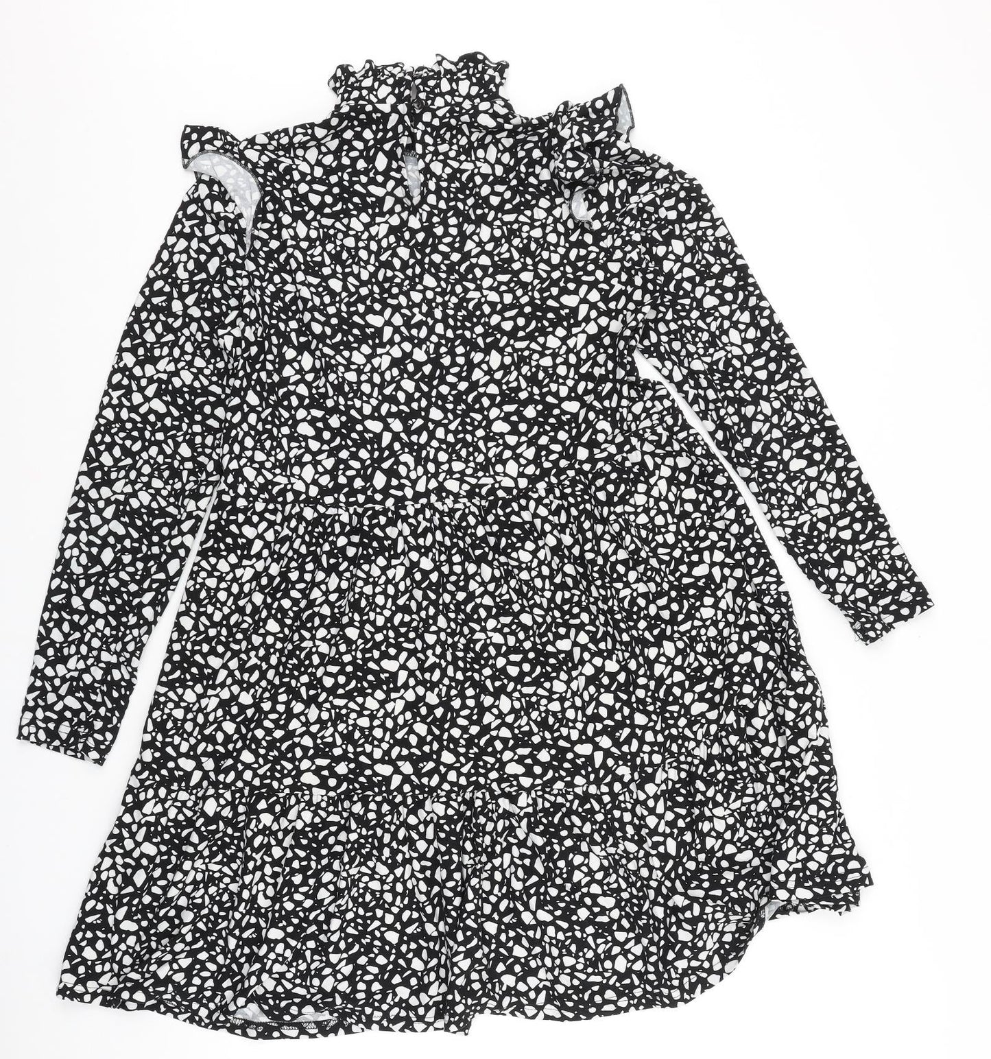Preworn Womens Black Geometric Polyester A-Line Size 10 Mock Neck Button