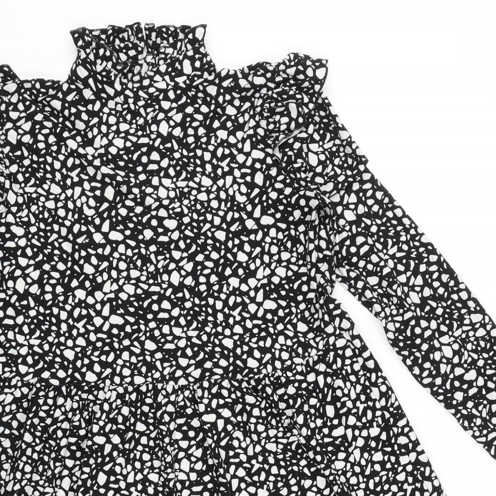 Preworn Womens Black Geometric Polyester A-Line Size 10 Mock Neck Button