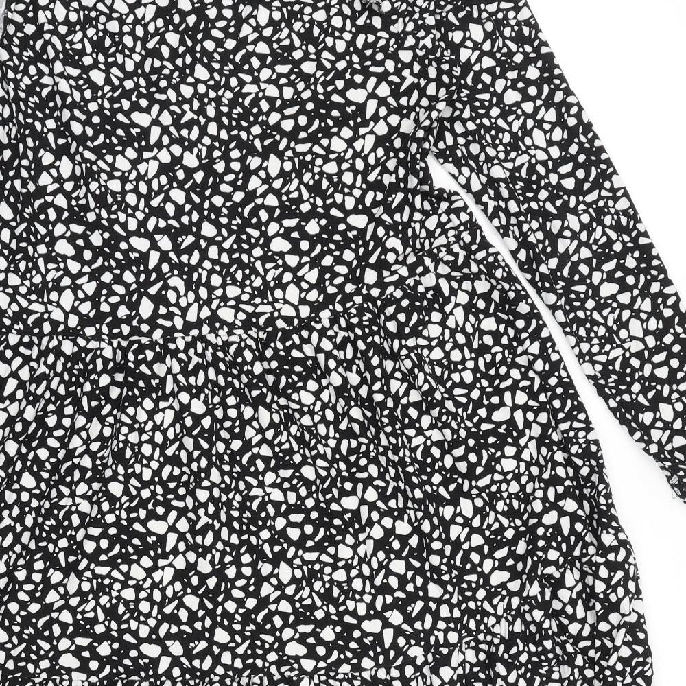 Preworn Womens Black Geometric Polyester A-Line Size 10 Mock Neck Button
